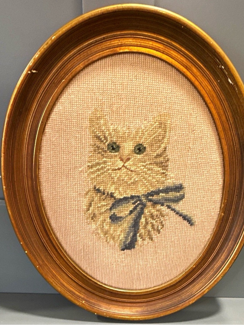 Handmade Framed Needlepoint Kitten w Blue Bow